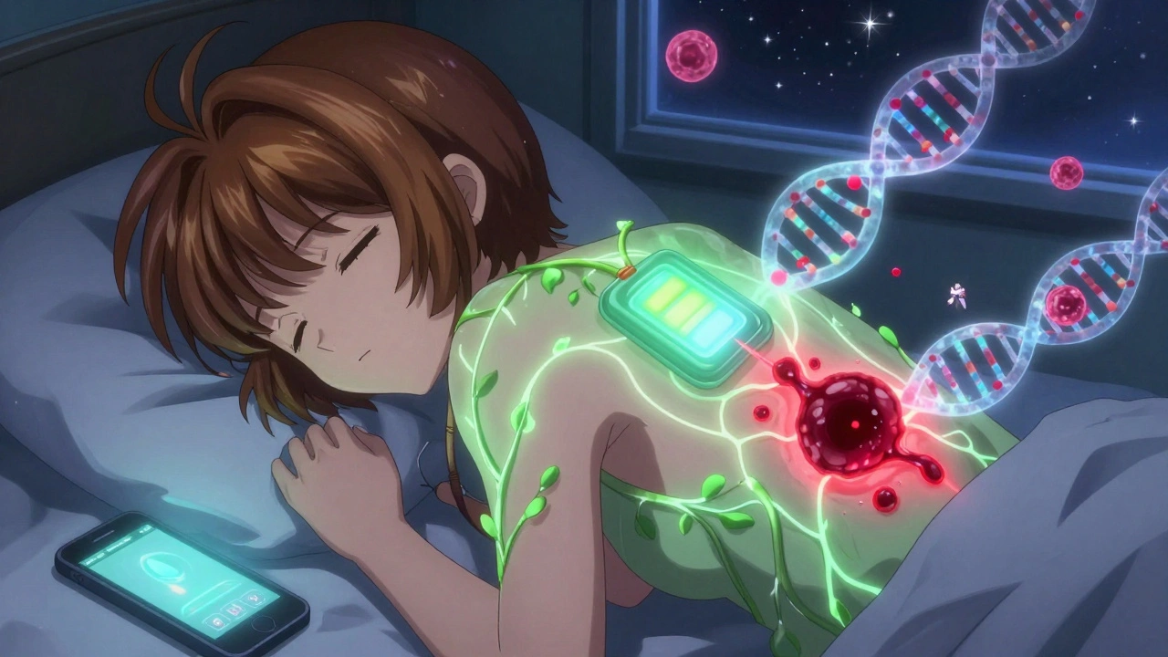 A tiny wearable patch glows on skin, sending electric threads into the body as immune cells fight cancer.