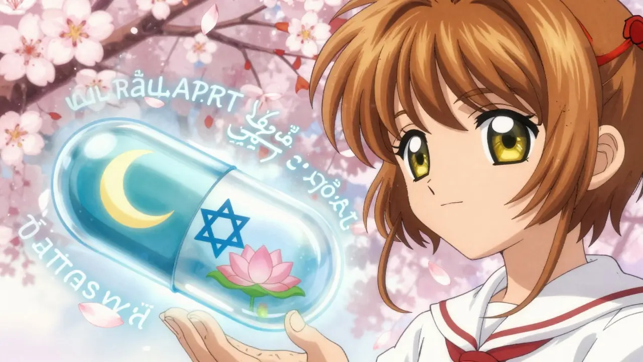 A transparent capsule dissolving to reveal cultural symbols like crescent moon and Star of David.