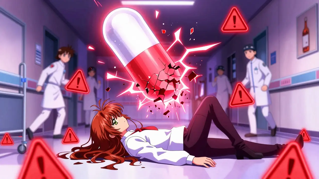 A woman collapsing as a shattered pill releases dangerous brain energy, with alcohol bottles and warning symbols in the background.
