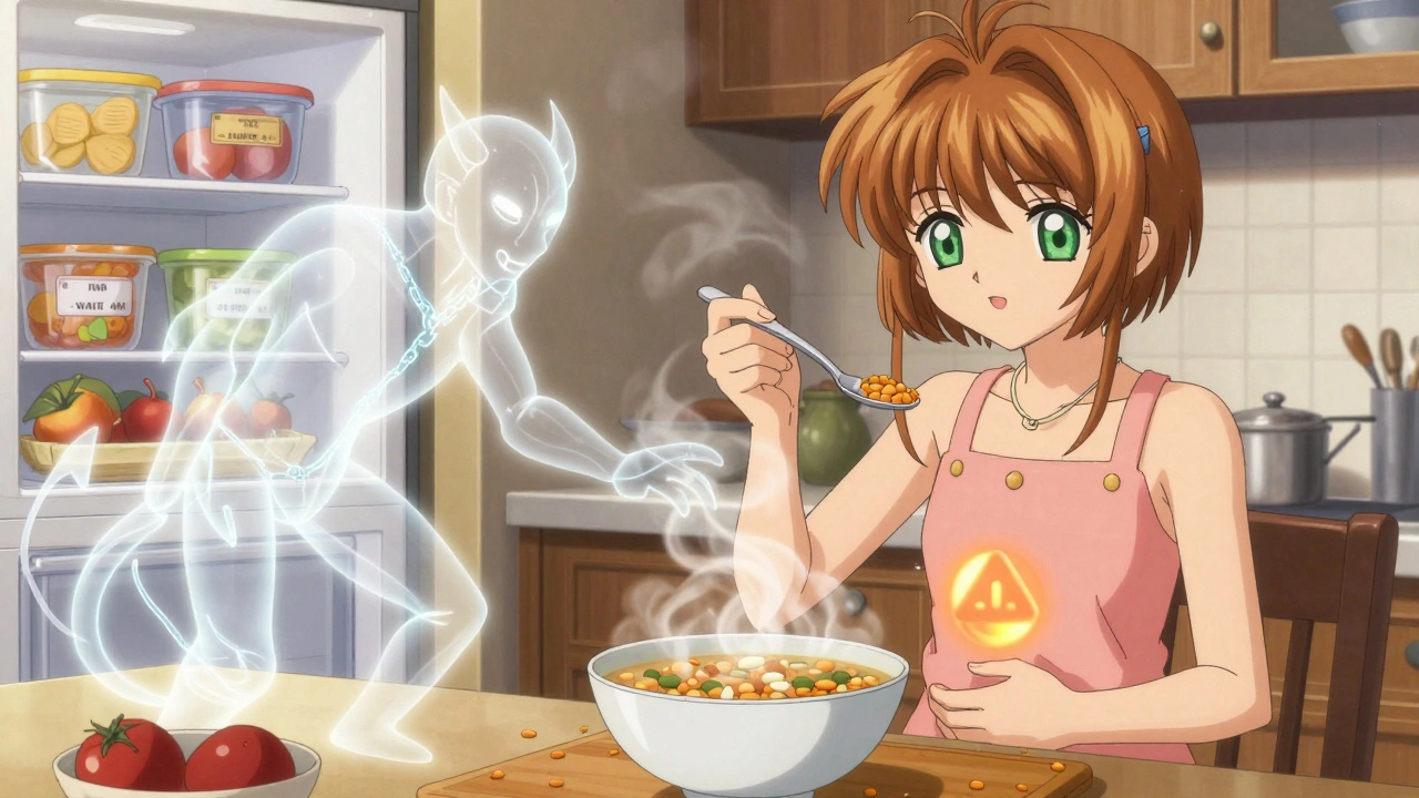 A woman reaches for lentil soup as a glowing iron demon emerges, threatening her thyroid pill.