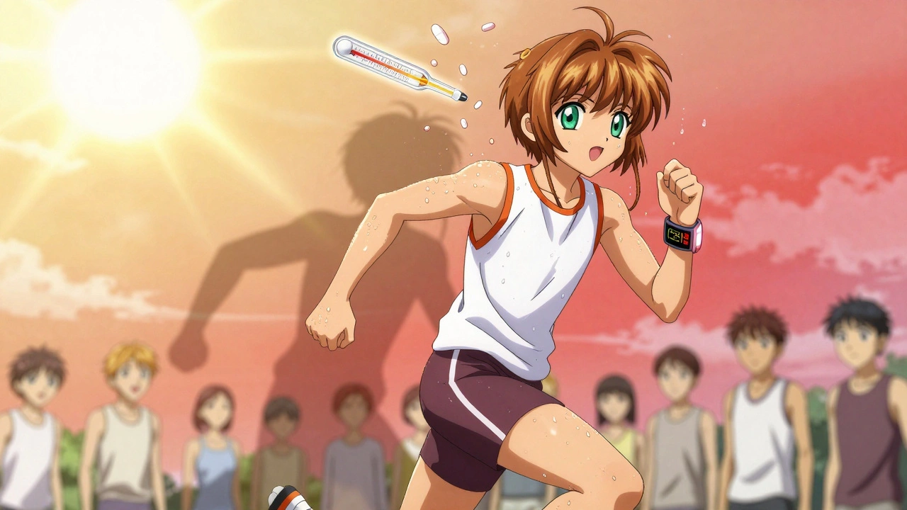 A young athlete running in the sun with no sweat, a glowing thermometer above his head spikes.