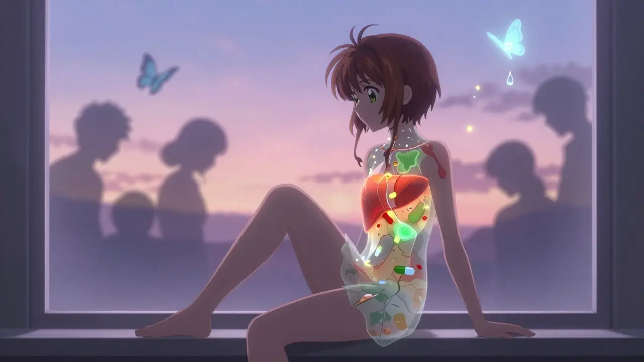 A young woman with a glowing healthy liver beneath her skin, surrounded by floating pill-like fireflies at dawn.