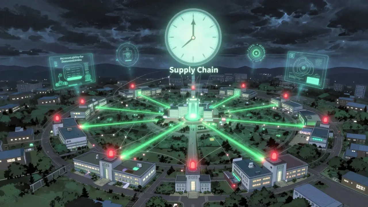 Aerial view of hospitals with red warnings in rural areas and green light in cities, connected by fragile supply threads.