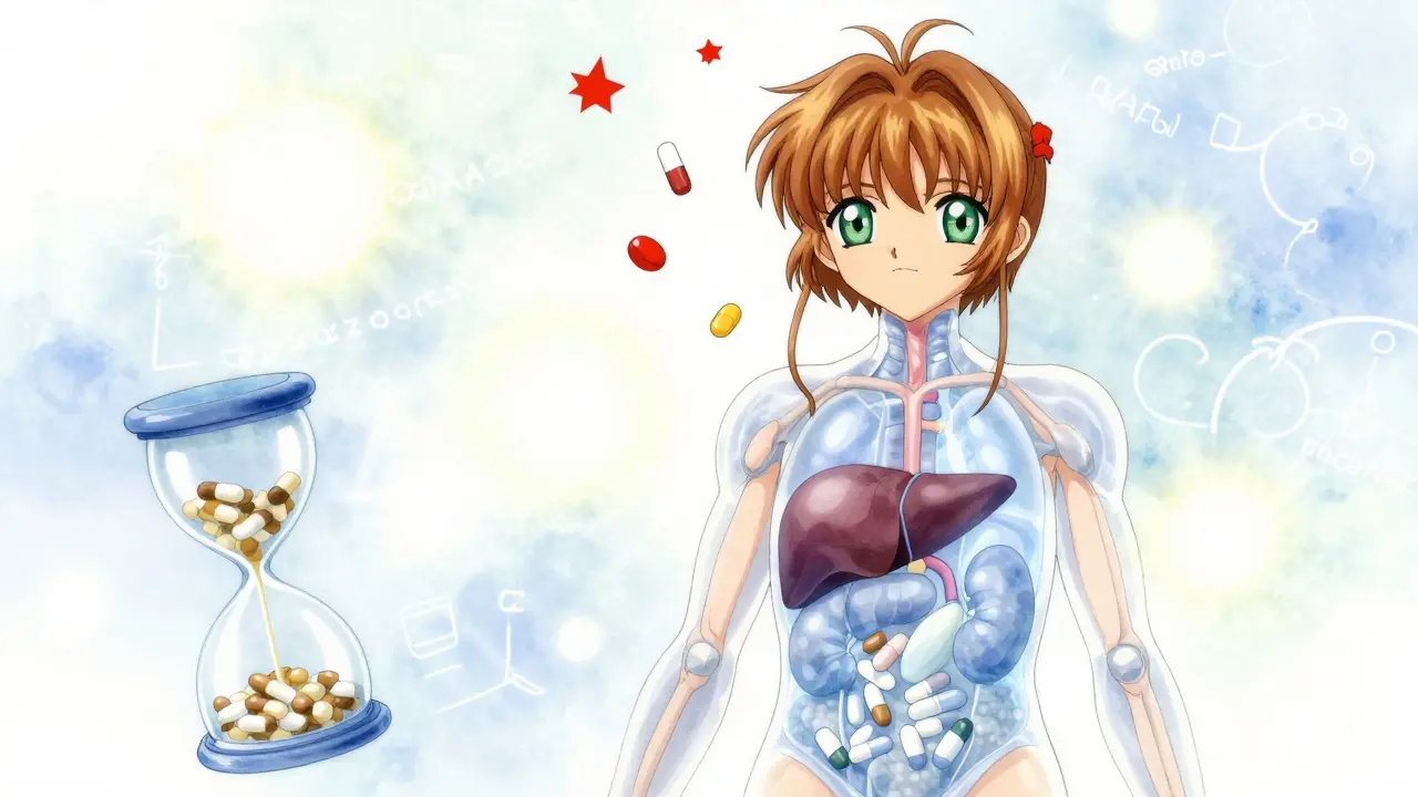 Aging body with slowing organs and floating warning symbols for dangerous drugs.