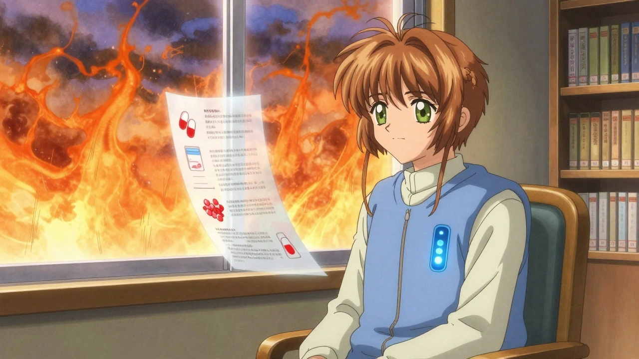 An elderly man in a cooling vest inside a library, heat waves visible outside the window.