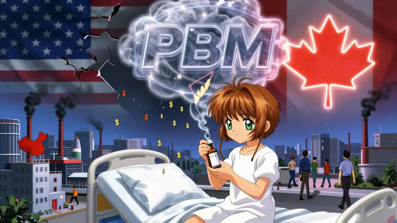 Child holding medicine bottle as PBM cloud rains profit signs over darkened factories.