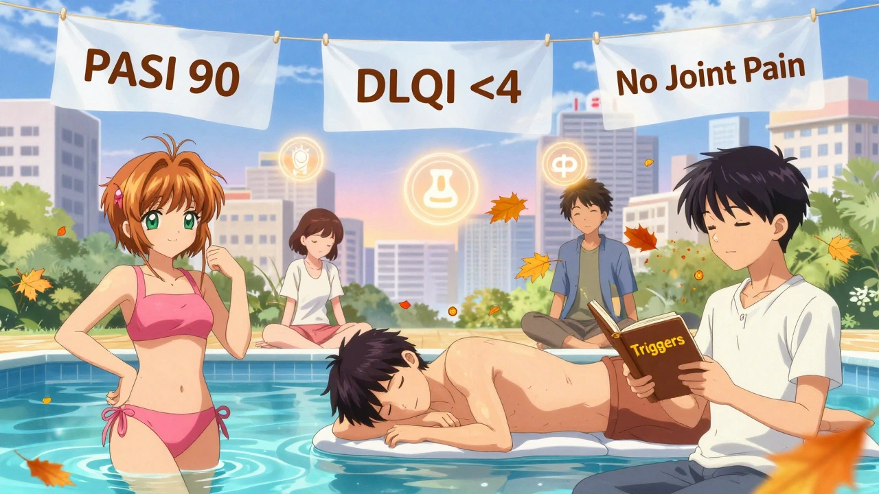 Diverse individuals living freely with clear skin, floating success markers, and peaceful surroundings under warm healing light.