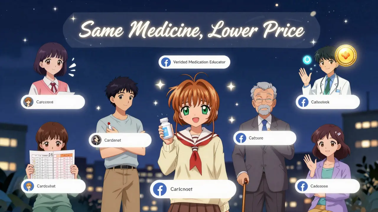 Diverse patients in a virtual group chat, sharing stories about switching to generics with a verified educator.