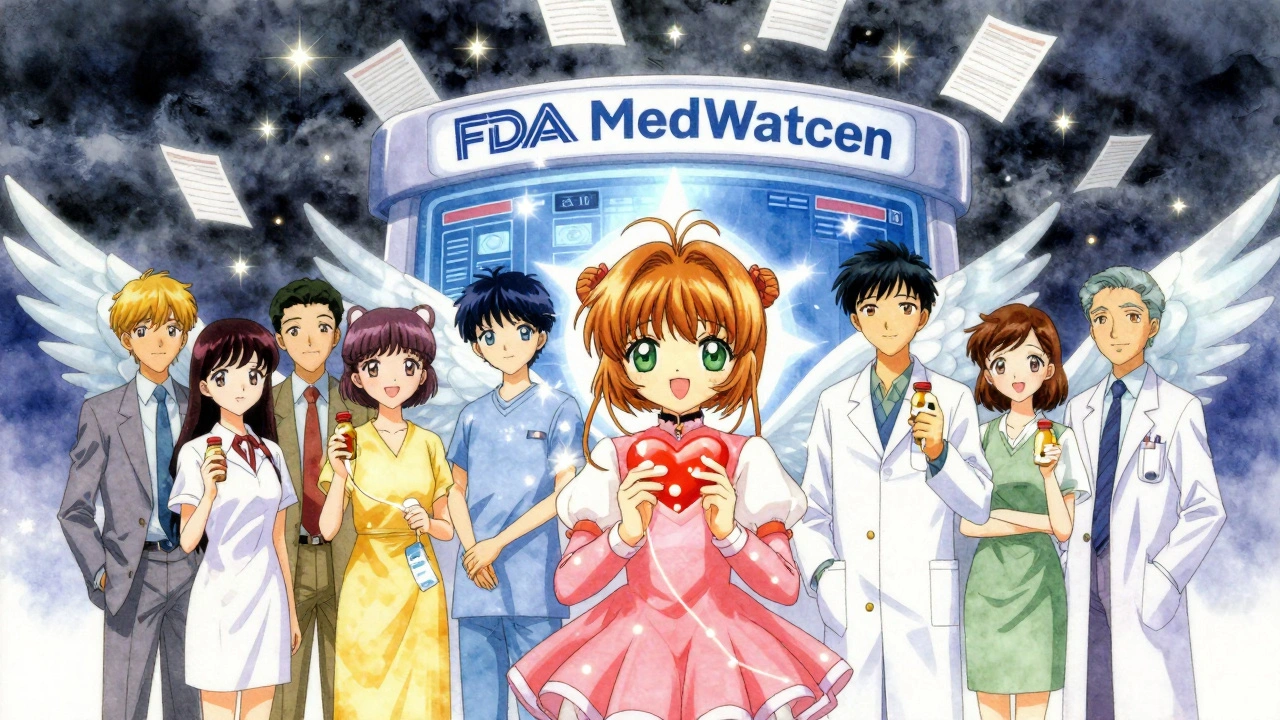 Diverse people connect pill bottles to a glowing heart-shaped data node under a MedWatch portal.