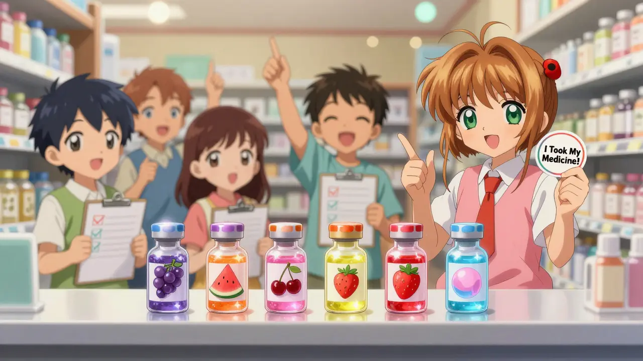 Five colorful medicine samples glow at a pharmacy counter as children excitedly choose their favorite flavor.