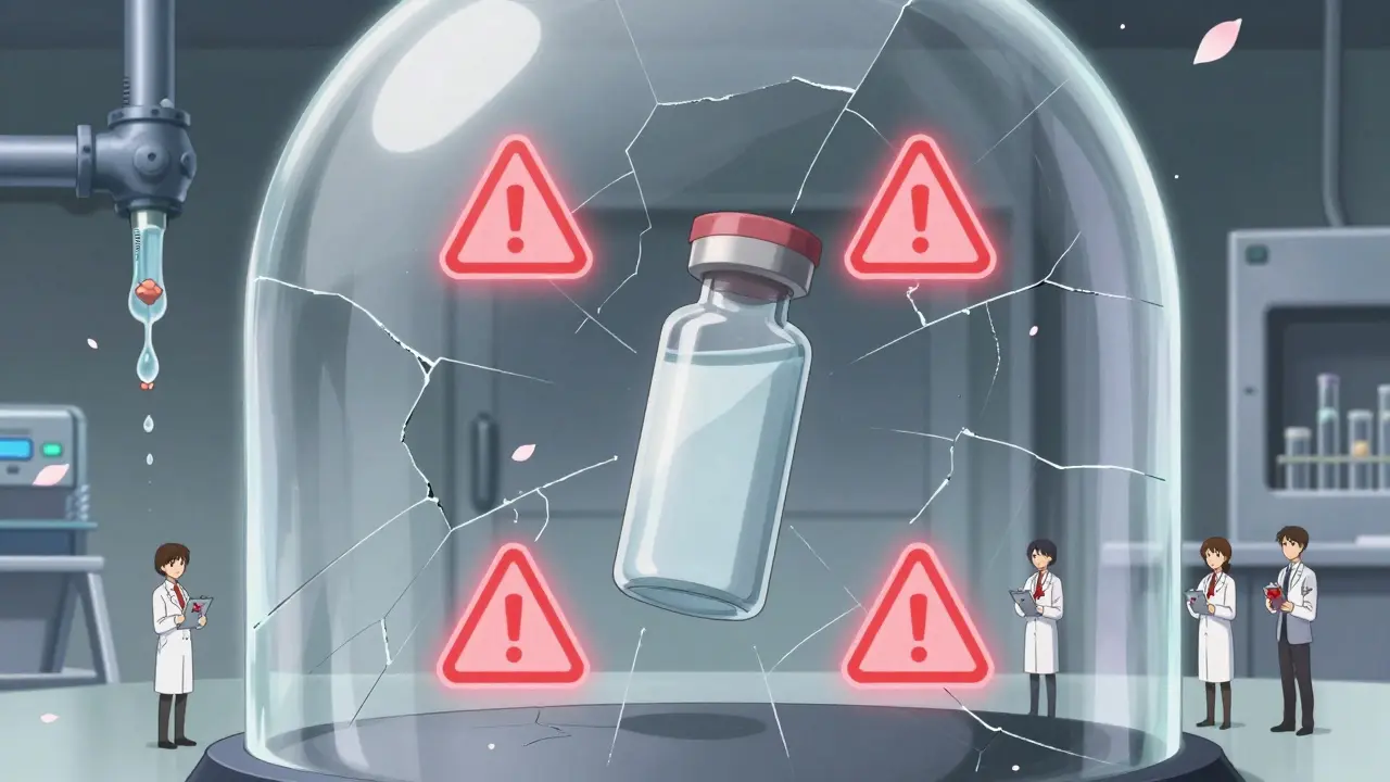 Floating vial surrounded by warning symbols and fungal spores under a shattered dome.