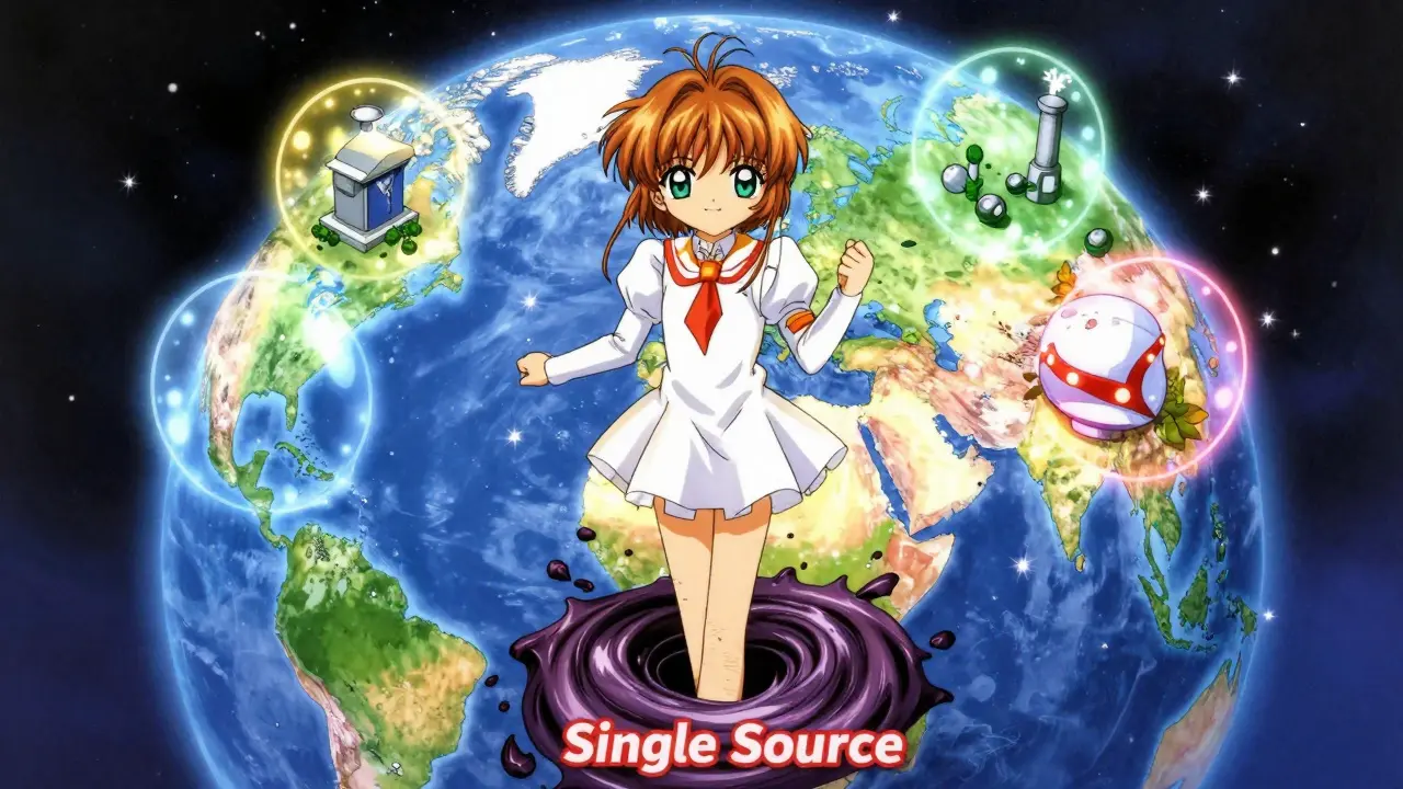 Glowing globe with three protected regions, dark vortex of single-source dependency crumbling.