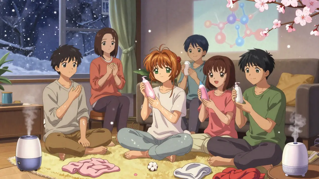 Group of people relaxing with moisturizers, snow outside, warm light, cotton clothes scattered.