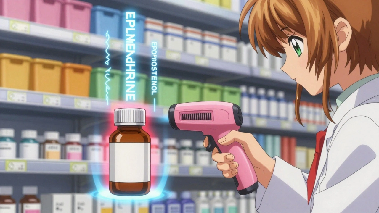Hand scanning a medication bottle with a glowing barcode scanner while a warning aura surrounds an unscanned bottle.