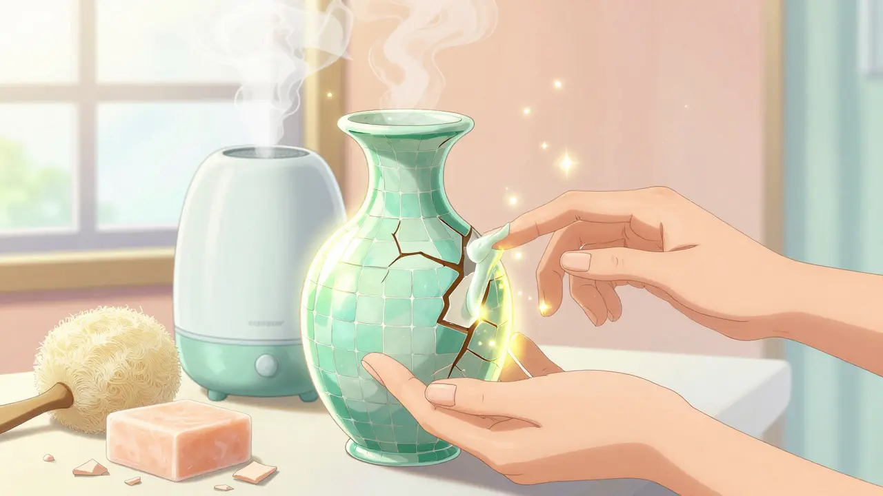 Hands applying glowing moisturizer that repairs cracked skin like magical mosaic tiles.