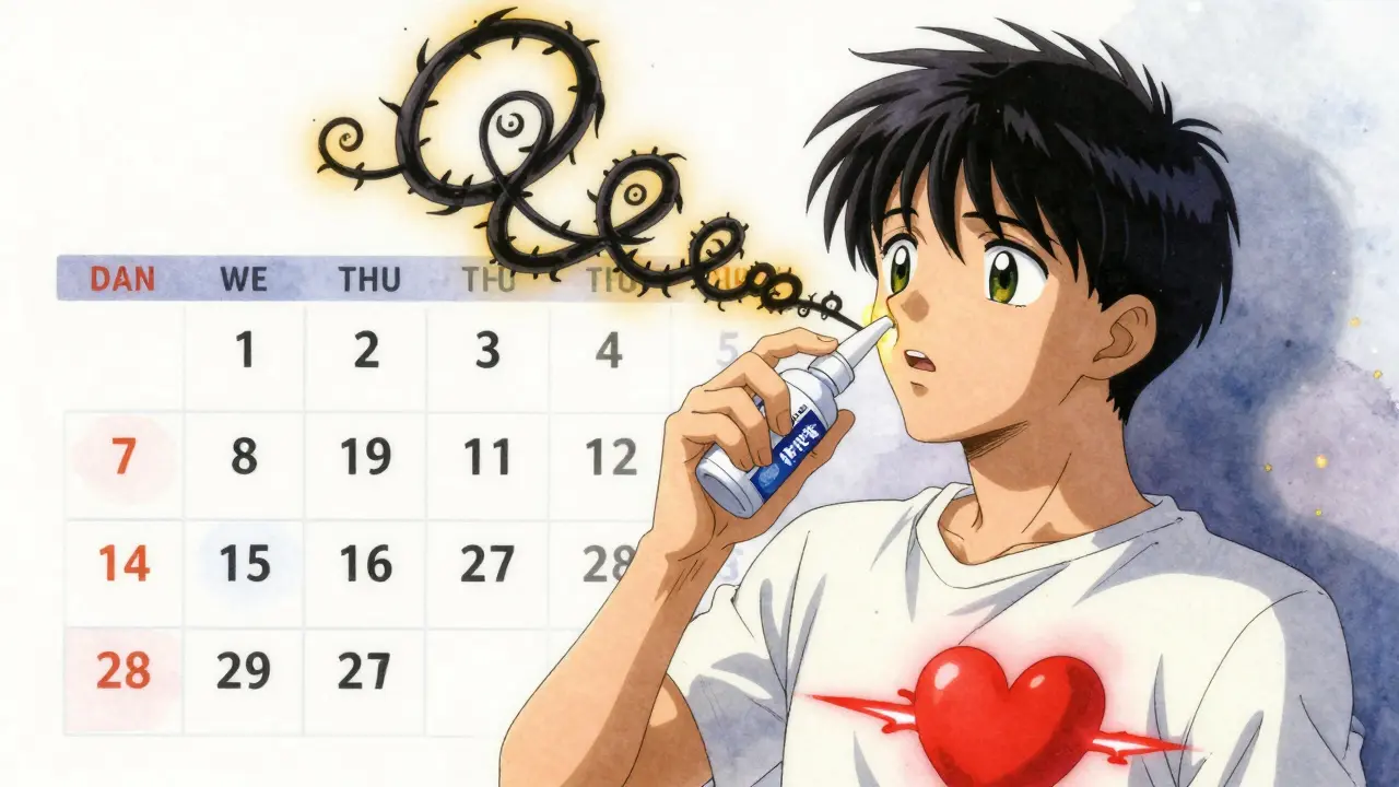 Man using nasal spray as black vines spiral from his nose, representing rebound congestion and dependency.