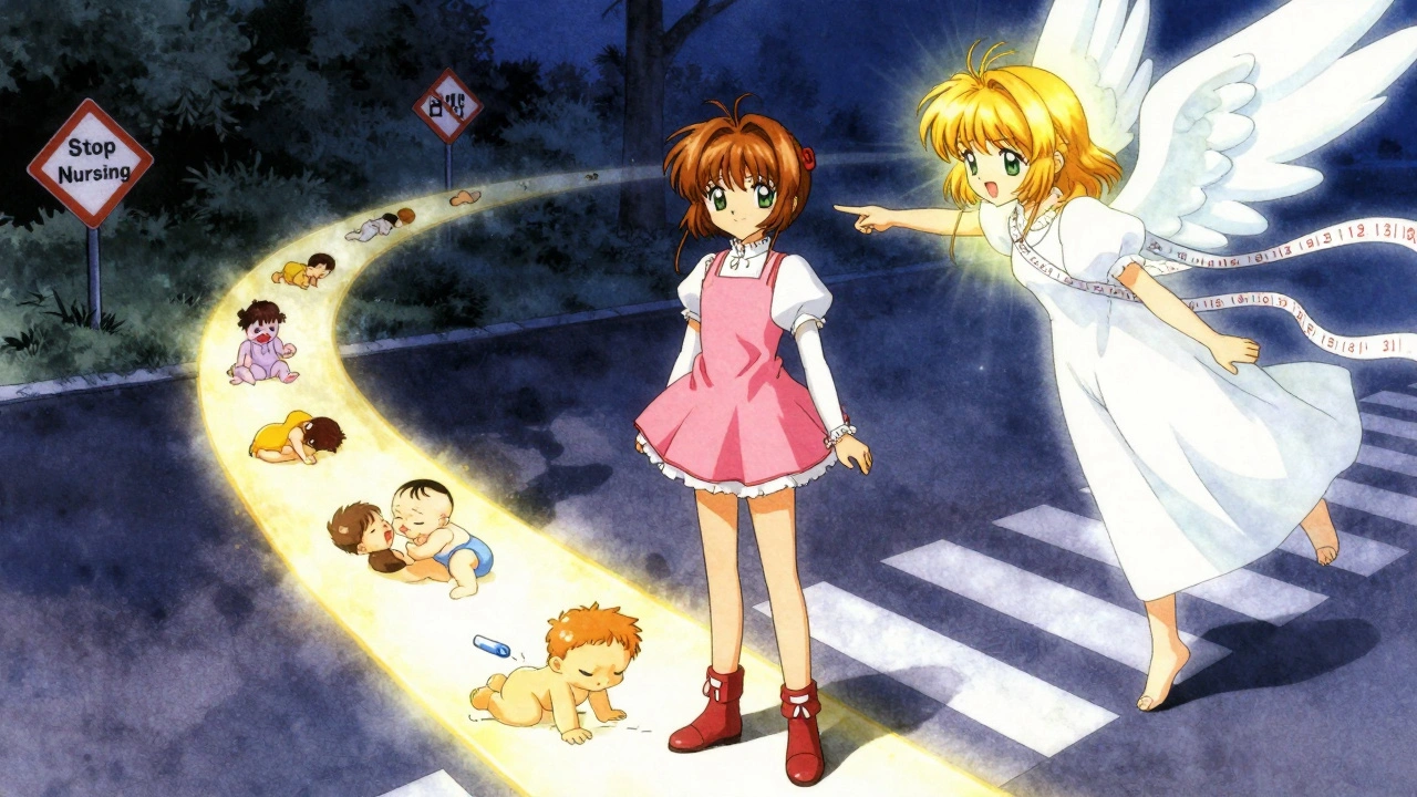 Mother at a crossroads, choosing the path of safe breastfeeding with glowing symbols of medicine and health.