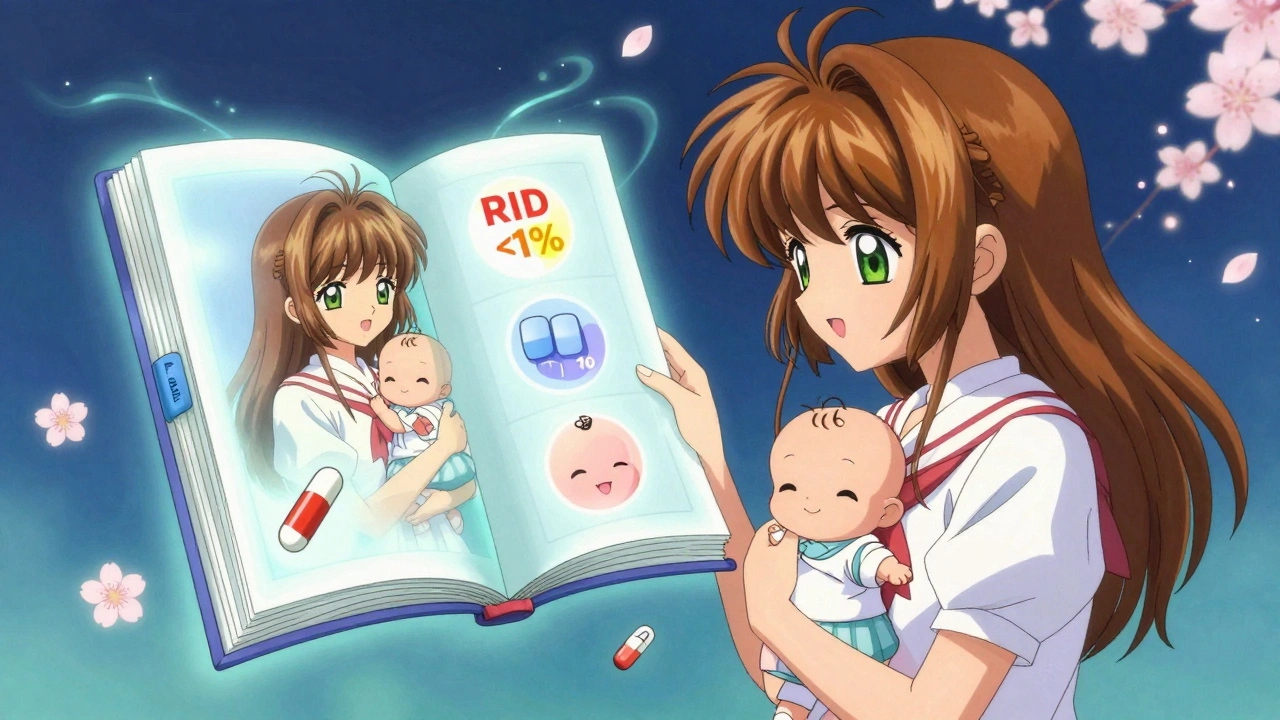 Mother consulting a glowing LactMed book with animated drug safety icons floating nearby.