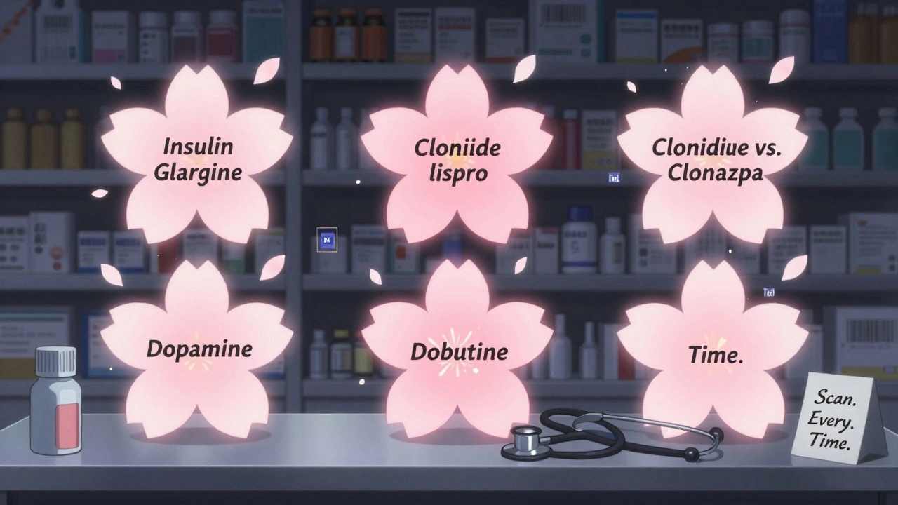 Nighttime pharmacy shelf with floating sakura-petal dividers separating high-risk drugs and glowing safety icons.