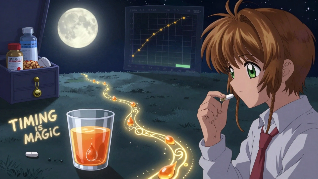 Nighttime pill-taking scene with apple juice droplets forming a path under moonlight.
