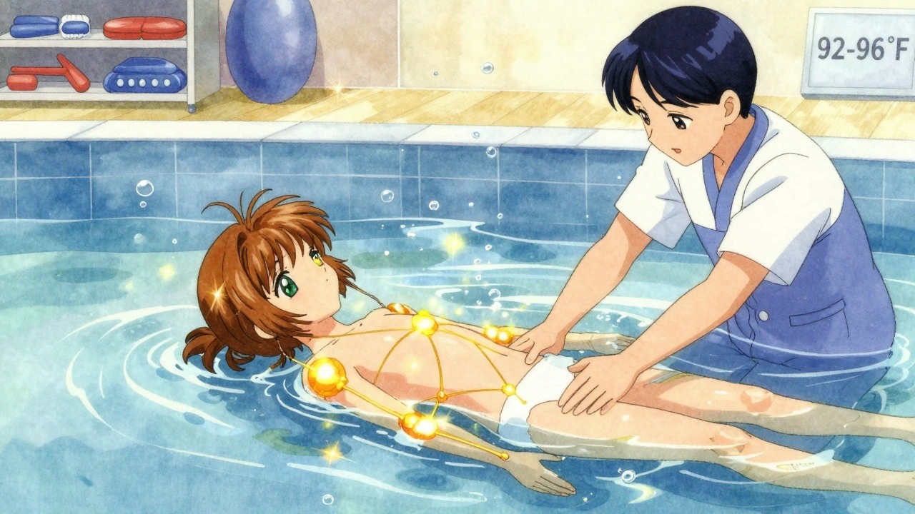 Patient and therapist in a warm hydrotherapy pool, surrounded by shimmering water and floating bubbles.