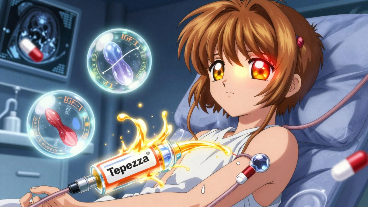 Patient receiving glowing Tepezza® infusion as golden light pushes back inflamed eye muscles behind the eyes.