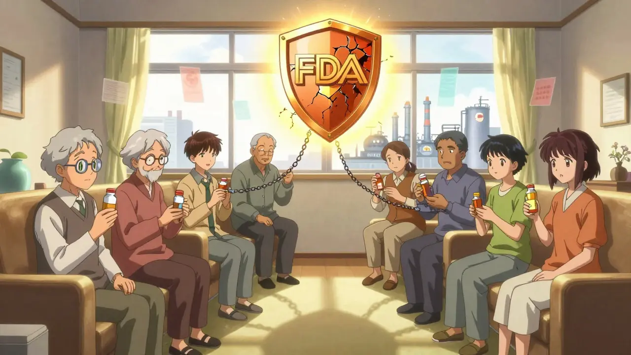 Patients hold medication bottles while their shadows connect to a distant factory, with a cracking FDA shield above.