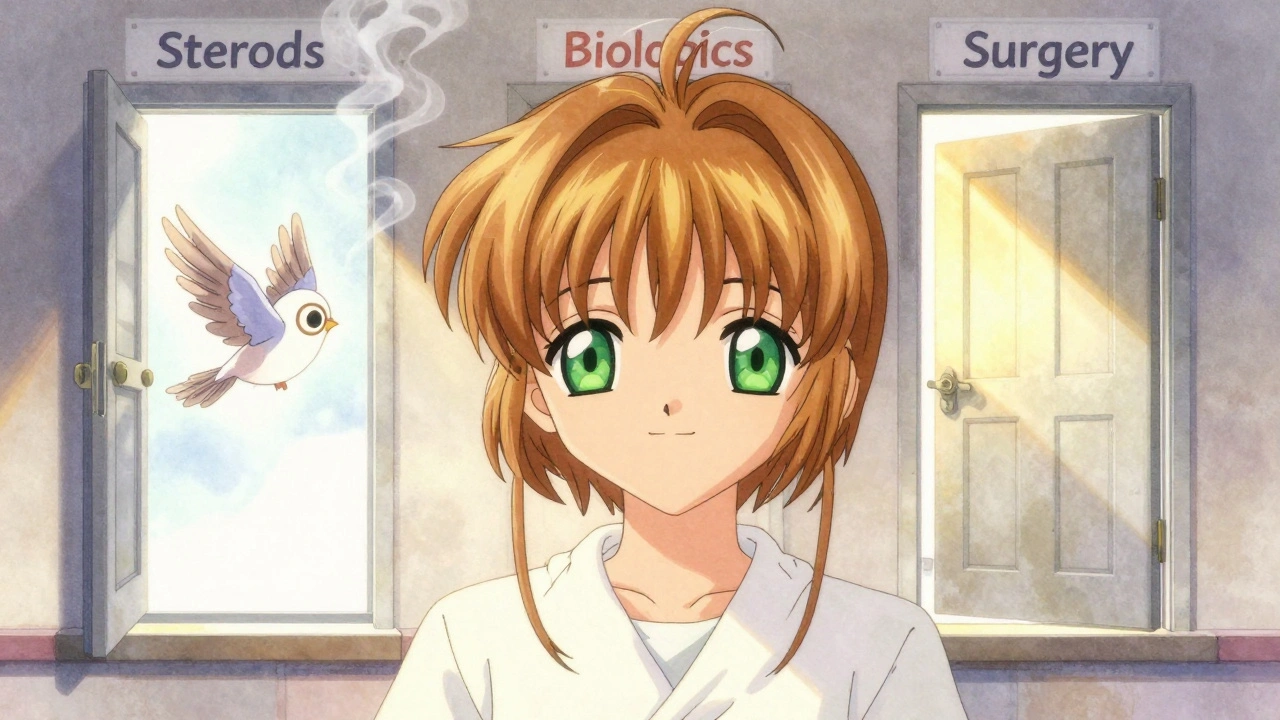 Person smiling with calm, symmetrical eyes as symbolic doors of past treatments fade behind them in soft sunlight.