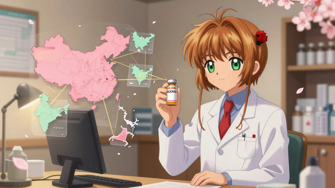 Pharmacist holding one vial, floating maps with fraying threads connecting countries.