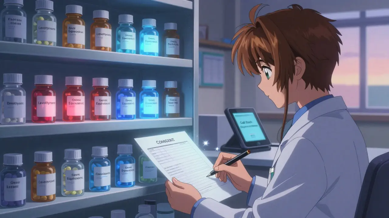Pharmacy shelf with glowing pill bottles, one pulsing red warning, as patient signs consent form.