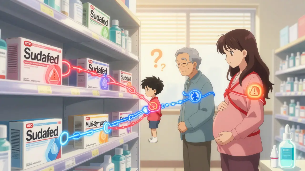 Pharmacy shelf with OTC allergy meds sending energy chains to vulnerable people, contrasted with safer alternatives glowing softly.