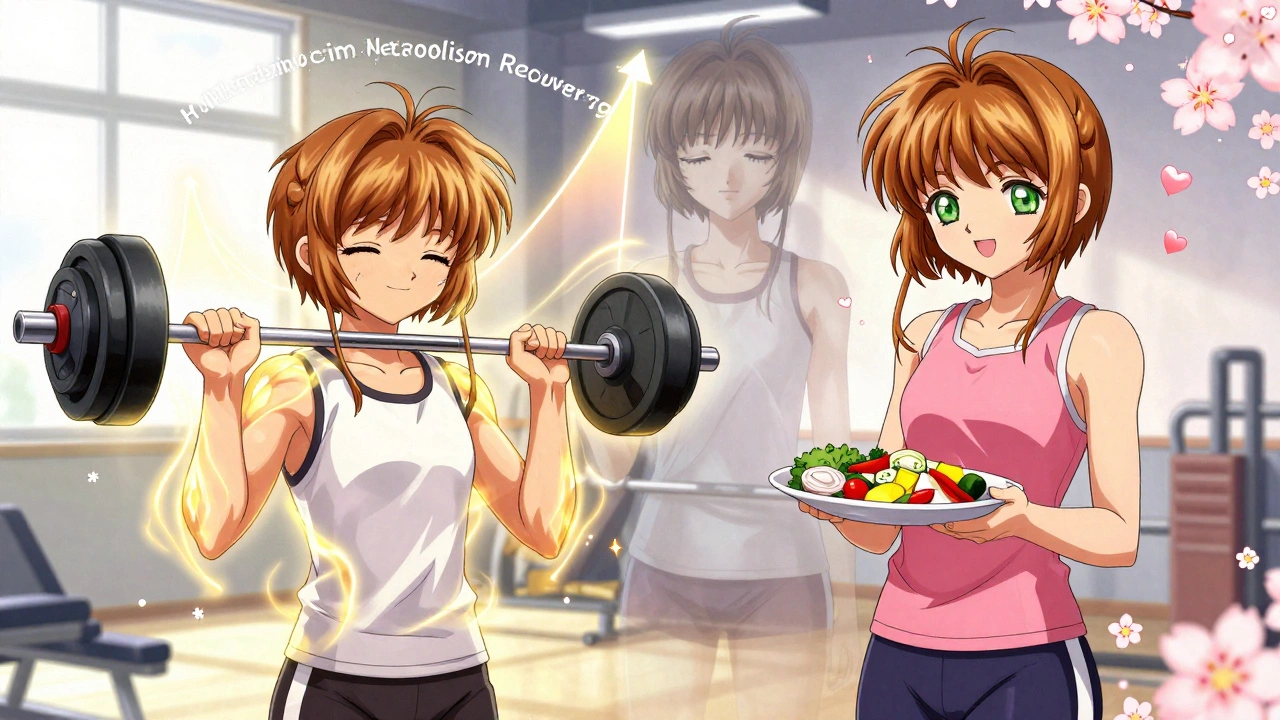 Sarah lifting weights in a sunlit gym, golden energy rising as her metabolism recovers, former self fading into mist.