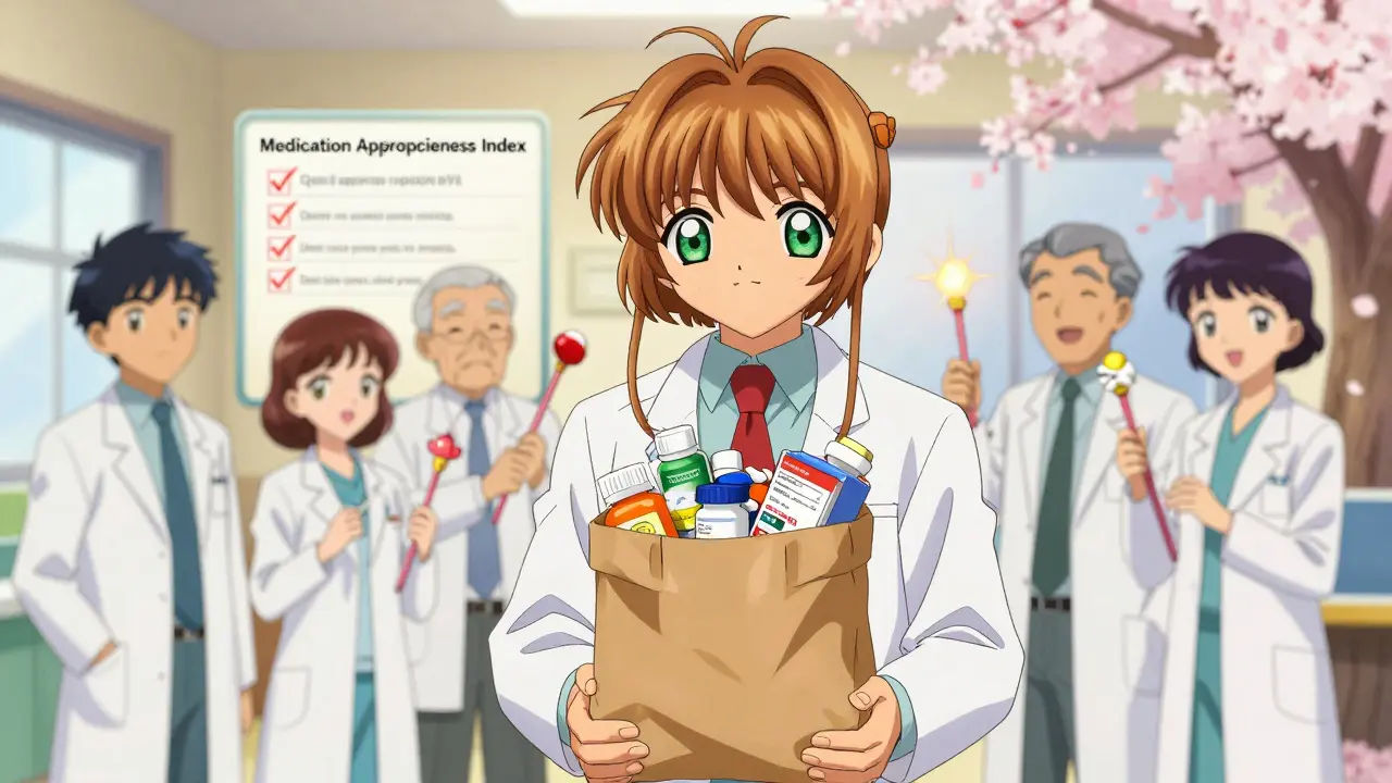 Senior holding brown bag of medications as pharmacists sort them into one daily pill.