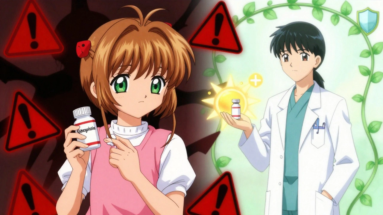 Senior holding dangerous glyburide pills as shadowy warnings loom, contrasted by a doctor offering a safer alternative.