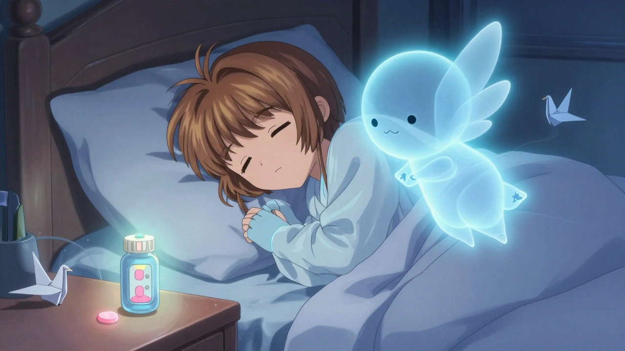 Senior sleeping peacefully as a guardian spirit alerts them to low blood sugar with a glowing glucose tablet.