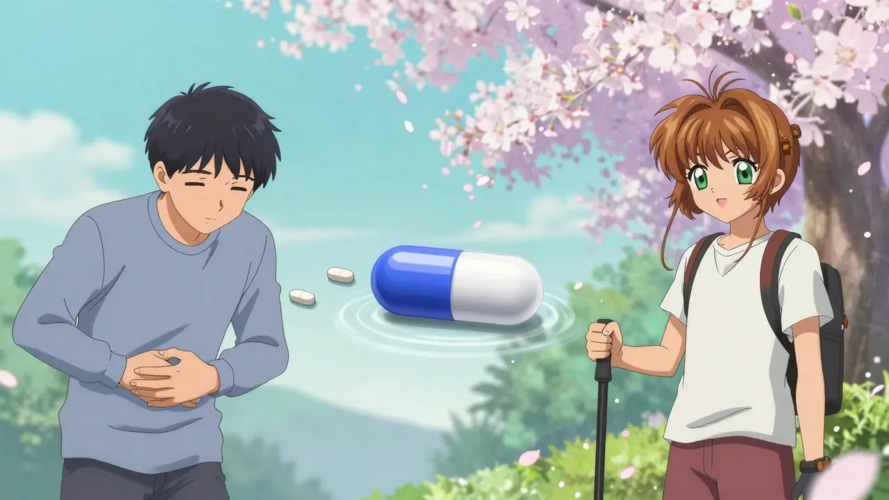 Timeline of metformin use: from stomach discomfort to relief with XR form, set in a peaceful nature scene.