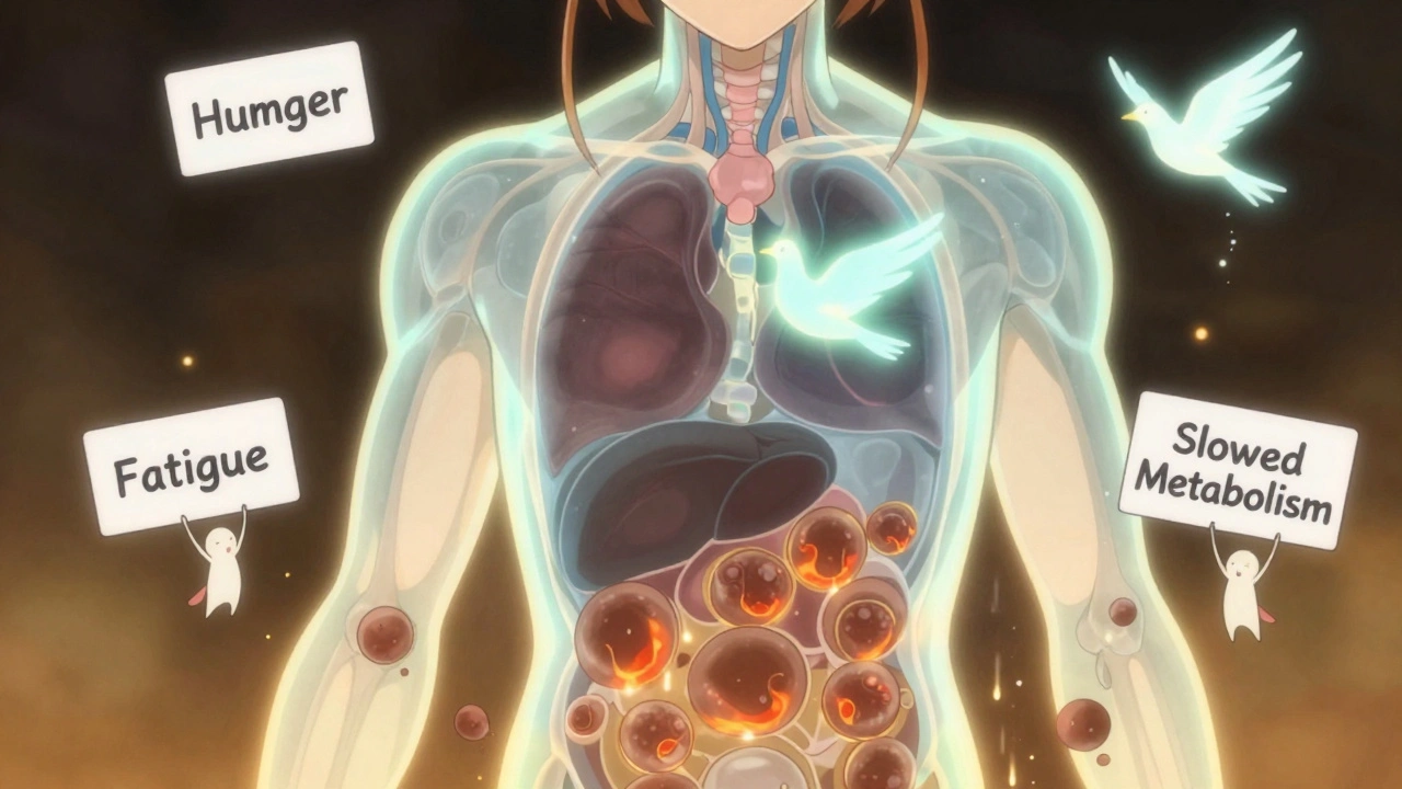 Translucent human torso with dimming thyroid, fading leptin bird, and dormant brown fat, surrounded by hunger and fatigue spirits.