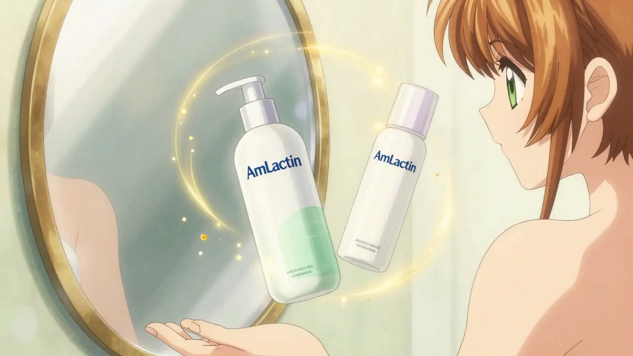 Two skincare bottles glowing with golden particles, reflecting smooth skin in a mirror.