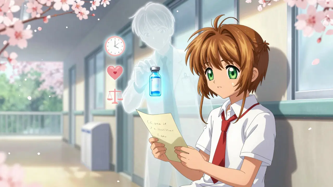 Young patient in hospital corridor with ghostly doctor holding a glowing cancer drug vial.