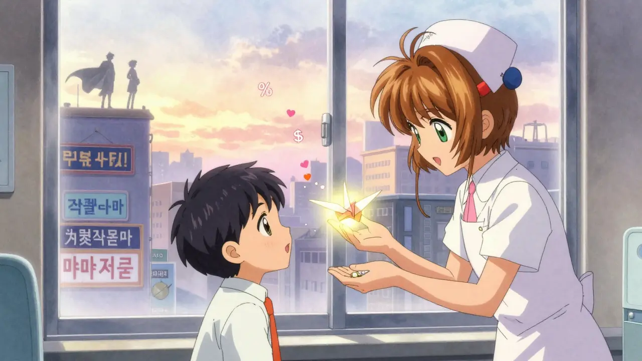 A child receiving a generic pill that turns into a paper crane flying over a city.