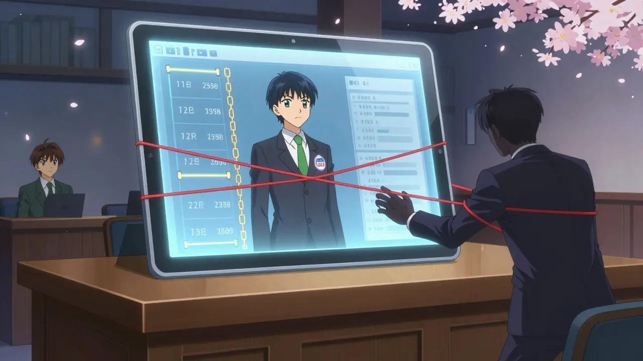 A courtroom with a floating tablet showing patent timelines, a lawyer stands against a shadowy opponent in an anime-style legal battle.