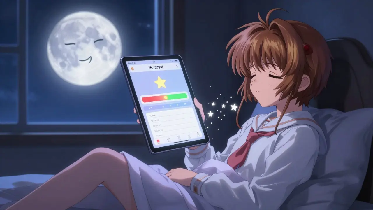 A digital app interface glowing with sleep progress particles, casting light on a sleeping figure under a smiling moon.