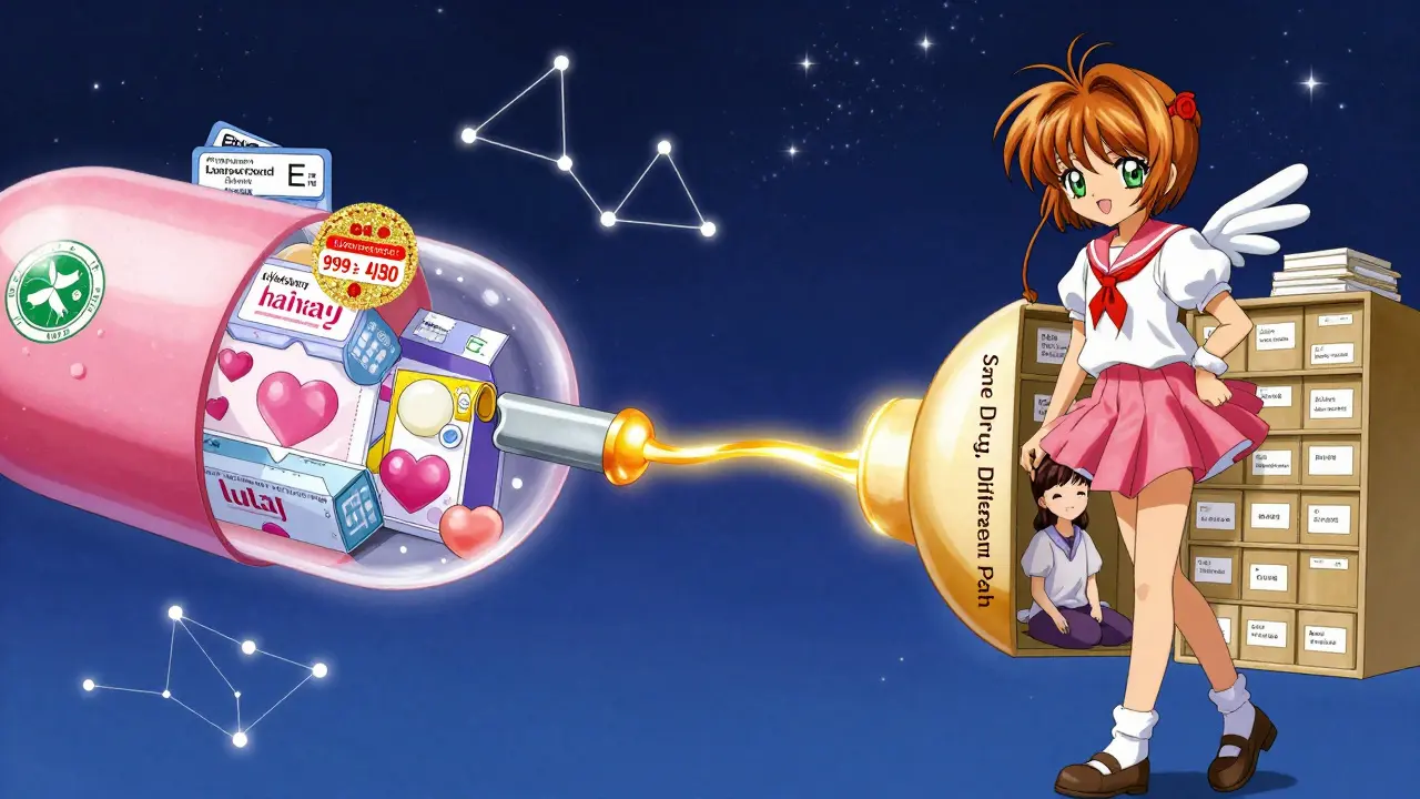 A giant pill splitting into two paths: luxury pharmacy and discount warehouse, connected by golden thread.