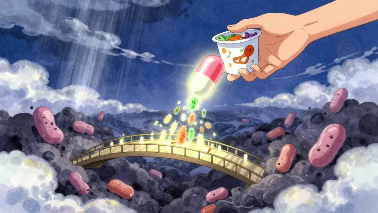 A glowing capsule transforms into bacteria forming a bridge over a chaotic gut, with food nearby.