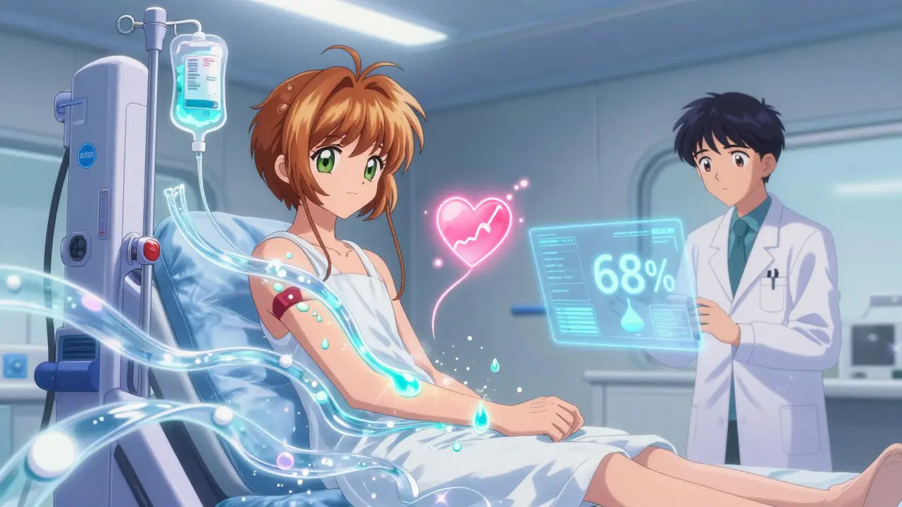 A glowing RenalGuard machine channels fluid like magic ribbons, monitoring urine output to prevent kidney injury.