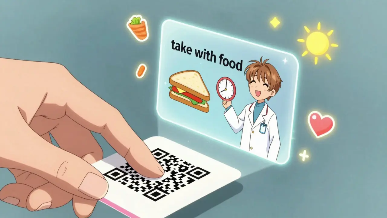 A hand scans a QR code on a pill bottle, revealing a holographic animated explanation of medication instructions.