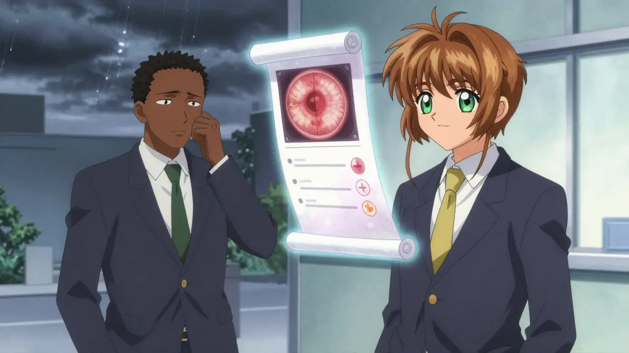 A man comparing a distant eye clinic with a bright teleophthalmology center, symbolizing access change.