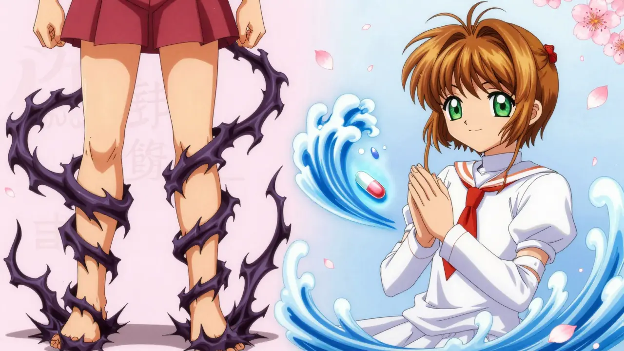 A person experiencing muscle pain on one side, then healed by switching statins, with calming blue energy and a CoQ10 crystal.