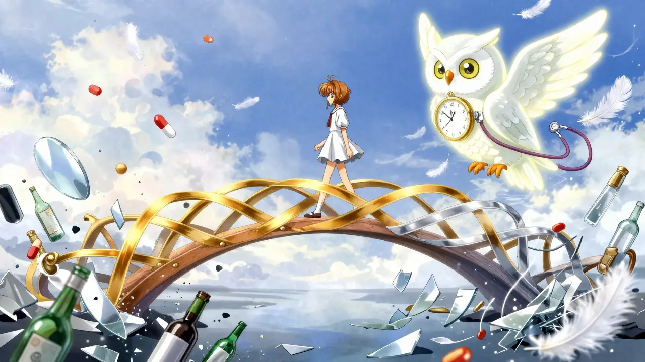 A person walking across a bridge of intertwined ribbons symbolizing mental health and substance use recovery, guided by a wise owl.