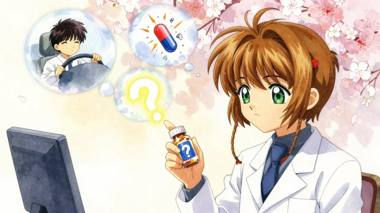 A pharmacist points to a blue prescription sticker as confused thought bubbles show risky misunderstandings.